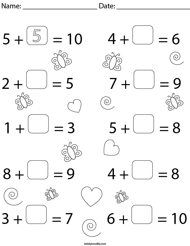 Fill In The Blank Equations Addition Math Worksheet Twisty Noodle